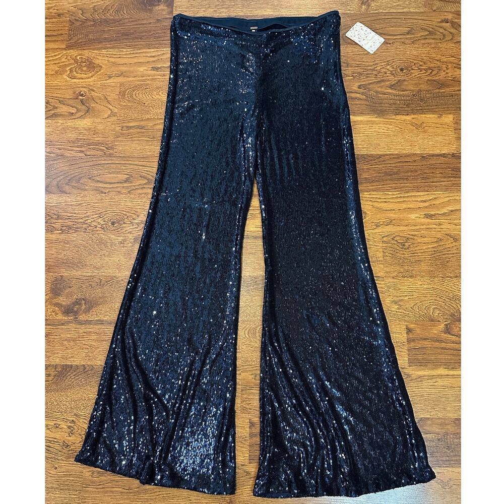 Free People Sequin Slim Pull-On Pants Women's Size 12 Dark Blue NWT Glam Stretch